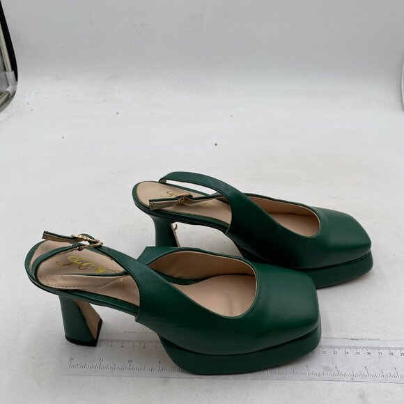 FOWT Green Platform Square Toe Block High Heels Ankle Backstrap Slingbac… - Picture 4 of 8